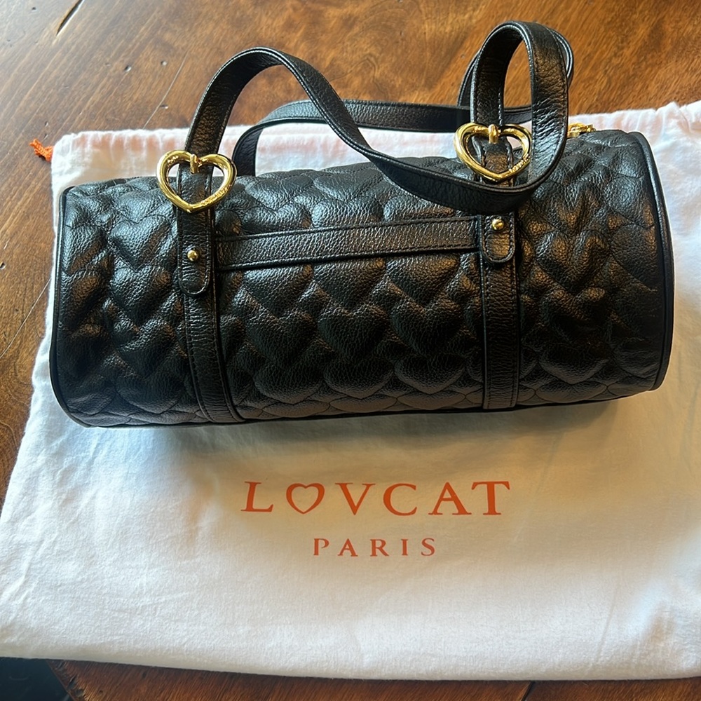 Lovcat Paris Barrel Handbag Purse Black Leather Gold Hardware Quilted Heart